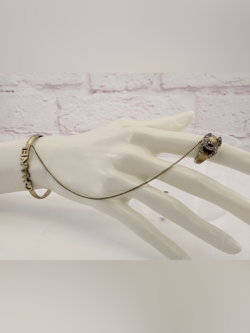 CHANEL Vintage Strass CC Chained Ring & Cuff Bracelet